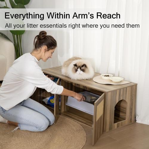 Cat Litter Box Enclosure Furniture with Storage, Hidden Litter Box Cabinet 42.5L x 18.5W x 16.9H, Double as Cat House TV Stand End Table for Living Room, Midcentury Modern Style (Pine, Plain Doors)