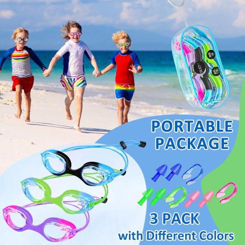 XDX Kids Swim Goggles, 3 Pack With Adjust Bungee Strap, No Leaking Anti-Fog for Boys Girls Age 3-14