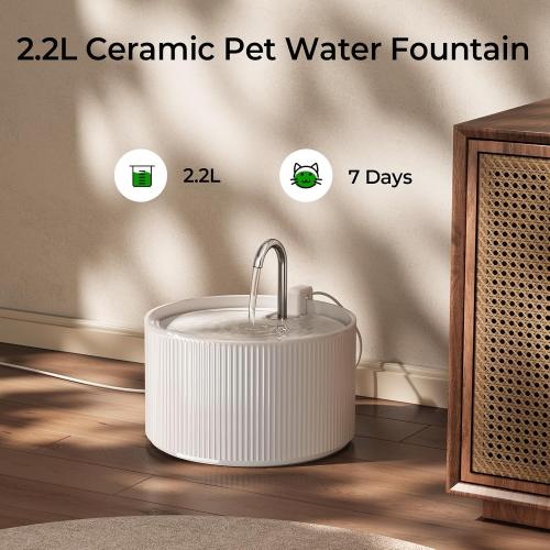 White Voluas Ceramic Cat Water Fountain, 2.2L/74oz Cat Fountains for Drinking Indoor, Automatic Pet Water Dispenser with Ultra-Quiet Pump and Replacement Filter, Kitty Watering Supplies, Easy Clean BPA-Free