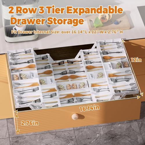 3 Tier Drawer Organizer - Expandable Junk Drawer Organizer Smart Office Supply Organizer, Folding Kitchen Tool Storage Multi Level Desk Organizer for Makeup, Jewelry Storage(2 Row 3 Tier, White)