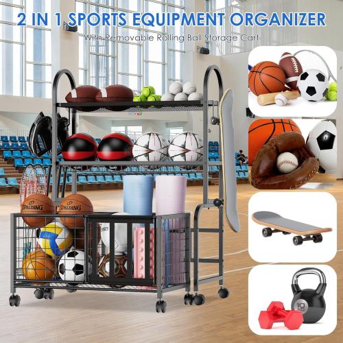 Garage Ball Storage, 2 in 1 Sports Equipment Organizer, Garage Organizer with Basket and Hooks, Individually Movable Rolling Sports Ball Organizer Cart, Black