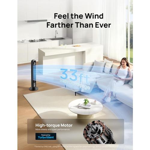 DREO Tower Fan for Bedroom, 90° Oscillating Standing Fans for Room with 4 Speeds, 3 Modes, 28dB Quiet for Sleep, 26ft/s Velocity, 8H Timer, Remote, Living Room, Office, Home, Black