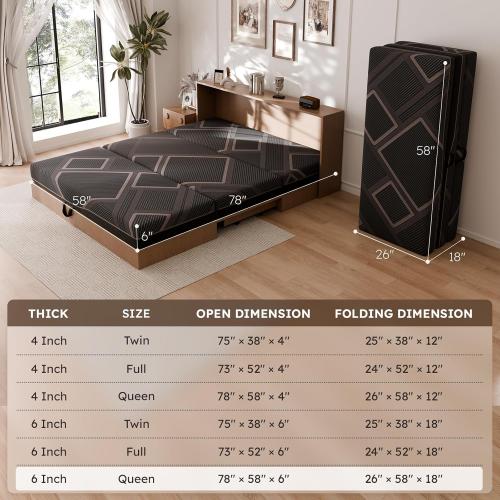Trifold Mattress Queen Size - 6 Inch Foldable Memory Foam Mattress, Washable Cover and Non-Slip Design, Portable Folding Floor Guest Bed Camping RV Travel Pad, Easy to Store, 78 x 58 x 6