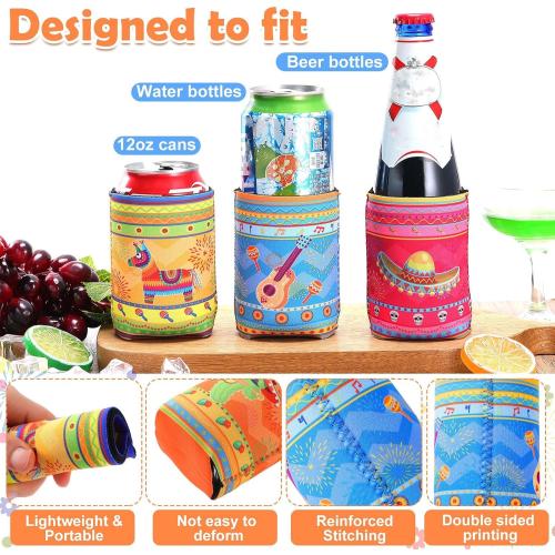 Shellwei 24 Pcs Mexican Party Favors Fiesta Can Cooler Sleeves,Novel | Cinco De Mayo Beer Can Cooler, Fits 12 oz Cans Bottles, Insulated Drink Holder, for Tacos Tequila Birthday Party Supplies