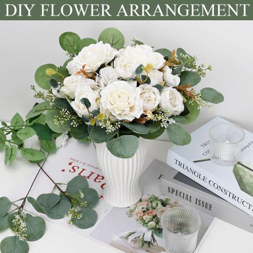 Peony Artificial Flowers, Faux Peonies Hydrangea Eucalyptus Bouquet 12 Packs Silk Vintage Realistic Peony Floral Arrangement for Wedding Centerpiece Table Vase Home Party Decor-Ivory White
