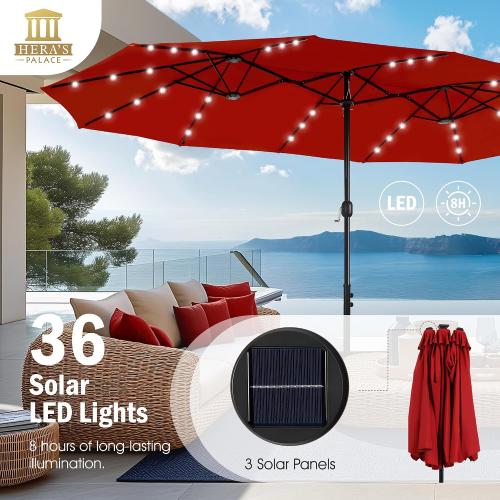Size 15ft Patio Umbrella with Base Included Double Sided Outdoor Umbrella for Patio Table Umbrella Outdoor 36 LED Solar Lights for Garden