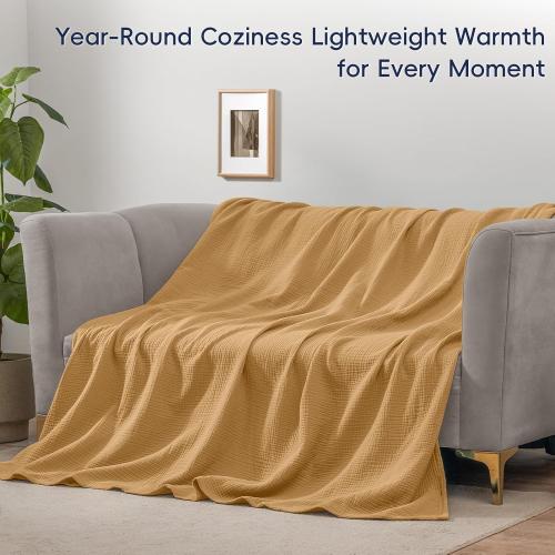 PHF 100% Cotton Muslin Blanket King Size 4-Layer Lightweight Gauze Throw, Breathable Cloud-Soft Minimalist Blanket for Bed, Couch, Camping, Amber, Ideal Gift
