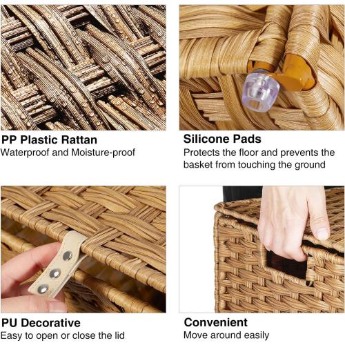 Greenstell Laundry Hamper with Lid, 125L Large Clothes Hamper with 3 Section & 2 Section Removable Liner Bags & 5 Mesh Laundry Bags, Handwoven Synthetic Rattan Divided Laundry Basket, Natural