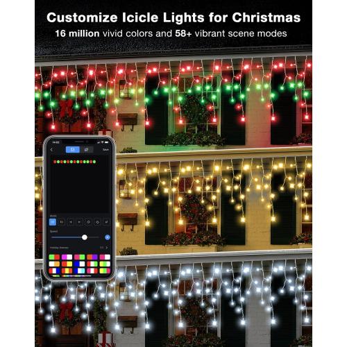 33FT Smart RGB Christmas Icicle Lights – APP Control LED String Lights for Outside, Music Sync, DIY Color Changing, 58  Modes, Connect 3 Strands (99FT) – Waterproof Icicle for Roof, Tree, House