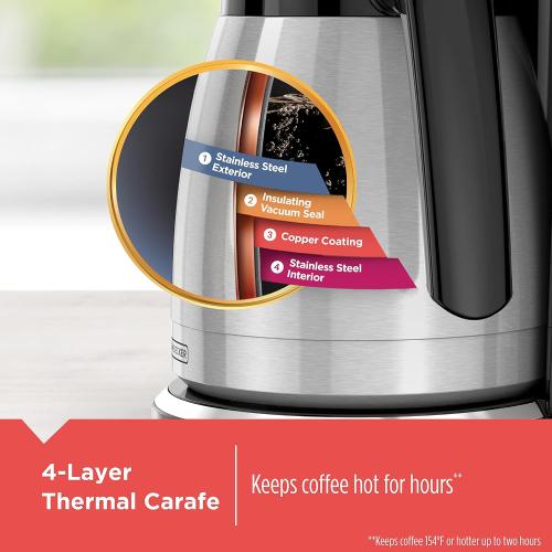 BLACK DECKER 12 Cup Thermal Programmable Coffee Maker with Brew Strength and VORTEX Technology, Black/Steel, CM2046S