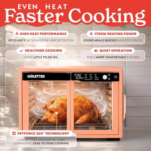 Gourmia French Door Air Fryer Oven - 37 Qt Large Capacity Convection Toaster Oven, FryForce 360°, Digital Display, 12 Cooking Presets, Dehydrate, Fits 13” Pizza, Dishwasher-Safe, Peach‼️needs heavy cleaning ‼️