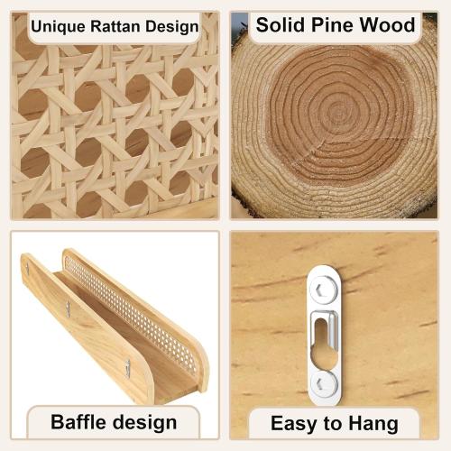2pk Rattan Wall Shelf, Natural Boho Bookshelves for Wall, Modern Wooden Wicker Shelf, Cute Nursery Shelves, Floating Shelves for Kids Room, Living Room, Bedroom