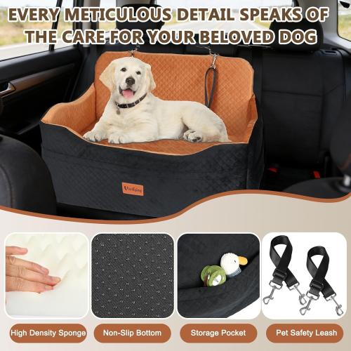 Vivifying Dog Car Seat for Back Seat, Booster Travel Bed for Medium Large Dogs or 2 Small Dogs, 4 Raised Foam Cushion, Safety Leash & Washable Cover, Soft Dog Booster Seat for Cars, Trucks & SUVs