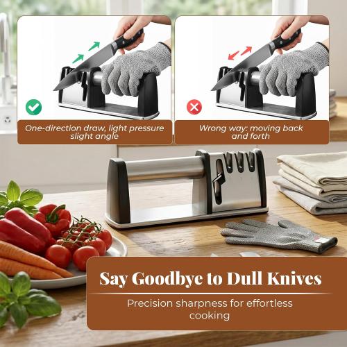 4-in-1 Manual Knife & Scissor Sharpener — 4-Stage Sharpening System with Cut-Resistant Glove | Restores Dull Blades Fast | Non-Slip Base | Silver | Large, 1 Pc