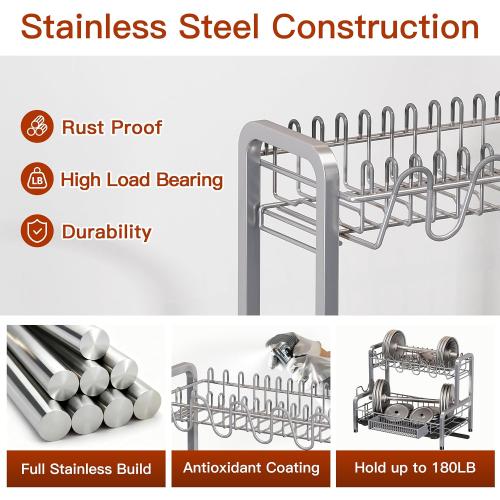 2 Tier Dish Drainers Drying Rack for Kitchen Counter Large Stainless Steel Dishes Drain with Drainboard, Space Saving, Big Modern Silver Countertop Metal Plates Dryer Strainer Holder and Extra Tray