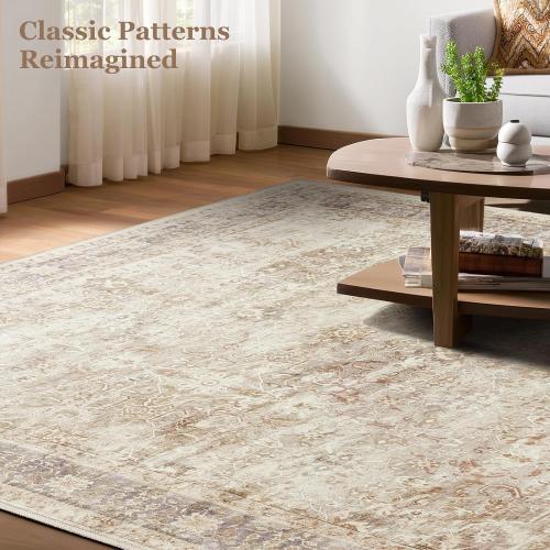 Vintage Beige 8x10 Area Rugs for Living Room, Retro Neutral Earth Tone Carpet Rug for Bedroom Dining Room, Low Pile Thin Washable Non Slip Room Rug for Home Office Playroom Family Room