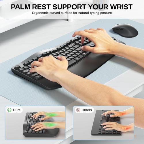 Wireless Keyboard and Mouse Combo,2.4G Full Size Wave Keys Ergonomic Keyboard with Wrist Rest for Natural Typing, 3 DPI Adjustable Ergonomic Silent Mouse for Computer/Laptop/Windows/Mac (Gray)