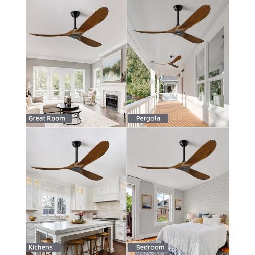52 Inch Ceiling Fan no Light, Outdoor Ceiling Fans Without Lights for Patios, 3 Blade Solid Wooden Propeller Modern Ceiling Fan with Remote Control for Farmhouse Living Room Bedroom Dark Walnut