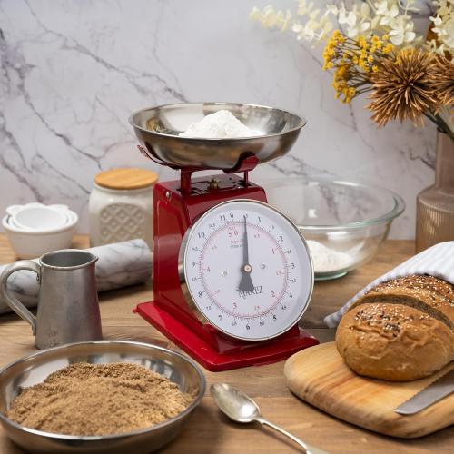 MARLIZ 11 lb/ 5Kg Mechanical Food Scale - Analog Kitchen Scale with 2 Bowls (Grams & Ounces) | Balanza de Cocina - Red Meat Scale