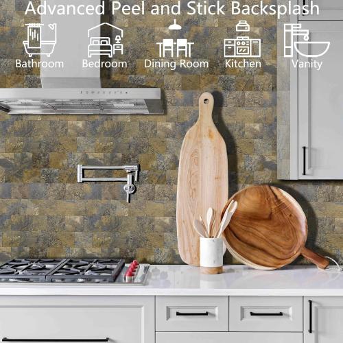 12-Pack PVC Peel and Stick Tile Backsplash, 12''X12'' Bronze and Cyan Slate