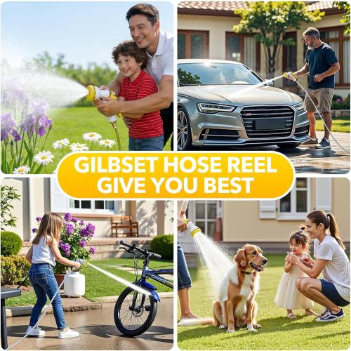 130 ft x 1/2 Retractable Garden Hose Reel, Heavy Duty Water Hose Reel Wall Mounted, Any Length Lock, 180°Swivel, Water Hose with 8-Function Nozzle for Cleaning, Watering (Yellow)