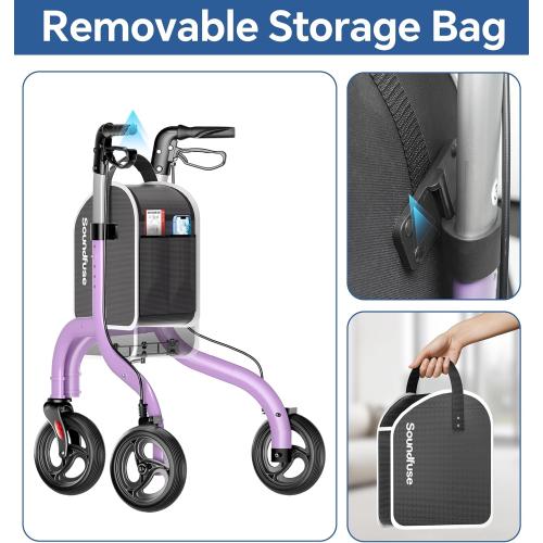 soundfuse Lightweight 3 Wheel Walkers for Seniors, Foldable Aluminum Frame | Weighs only 10.2lbs, Height Adjustable, Removable Storage Bag, Three Wheel Rollator Walker for Indoor and Outdoor Use
