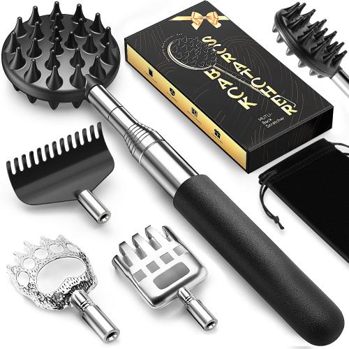 TUKUOS Telescoping Back Scratcher with 5 Detachable Scratching Heads, Rubber Handles, Anniversary Birthday Gifts for Men Women Back Scratcher for Men/Dad/Women/Adults