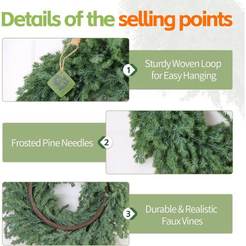 Outdoor Christmas Wreath – 24 Inch Artificial Cedar Wreath with Full Norfolk Pine Green Tips, Lush Wreath for Front Door, Walls, Windows, Porch, Farmhouse, Indoor Outdoor Holiday Decor