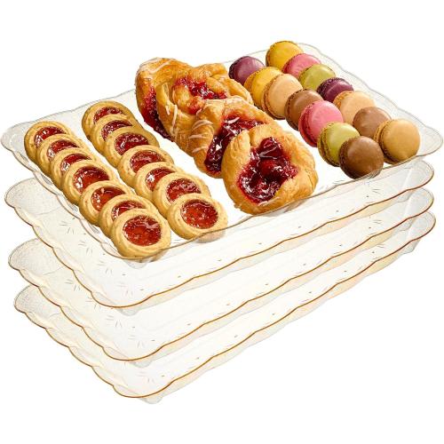 Plasticpro Plastic Serving Trays - Serving Platters Rectangle 9X13 Disposable Gold Glitter Party Dish Includes 4 Trays