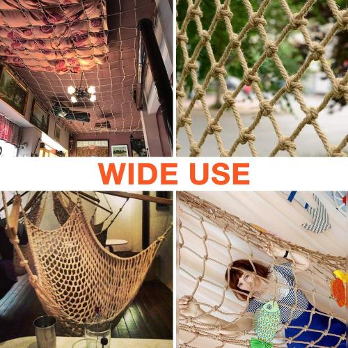Hemp Rope Net (4ft x 16ft) Heavy Duty Natural Jute Rope Climbing Safety Netting for Balcony, Stairs, Fence, Garden, Playground Protection & Indoor/Outdoor Decor