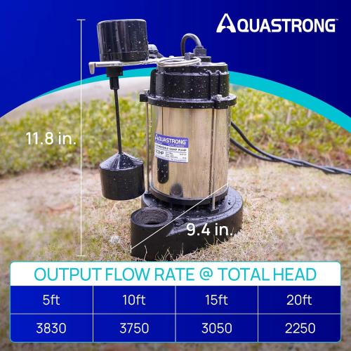 AQUASTRONG 1/2 HP Sump Pump Submersible, 3830 GPH Stainless Steel and Cast Iron Basement Water Pump, Automatic Integrated Vertical Float Switch with Piggy-back Plug,1-1/2 NPT Discharge Subpumps