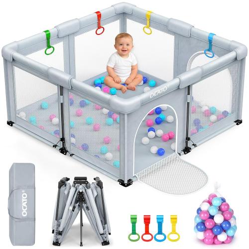 OCATO Baby Playpen: Foldable Playpen for Babies and Toddlers Large Play Pen Portable Playpen Fence Indoor Outdoor Kids Safety Area Travel Play Yard with 1 Storage Bag 4 Handlers 50 Balls (50 × 50)