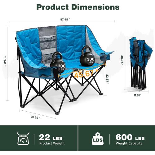 SUNNYFEEL Folding Double Camping Chair, Oversized Loveseat Chair, Heavy Duty Portable/Foldable Lawn Chair with Storage for Outside/Outdoor/Travel/Picnic, Fold Up Camp Chairs for Adults 2 People