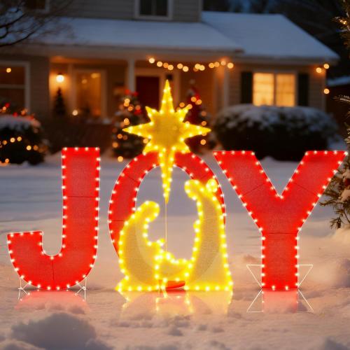 Prsildan 3.3FT x 2FT Christmas Decorations Outdoor- Lighted Joy Yard Sign, Outdoor Nativity Scene Set with 250 LEDs, Outside Christmas Decor for Porch, Lawn