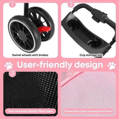 Pet Stroller,Dog Stroller for Small Medium Dogs Cats,3 Wheels,Foldable,with Breathable Mesh Canopy,Cup Holders,Easy Assembly,Pink