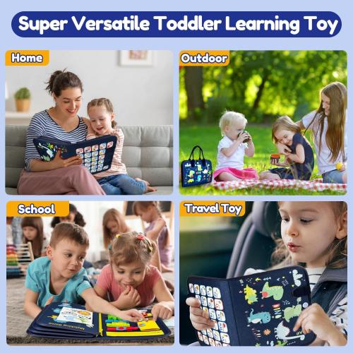 Qizfun Toddler Busy Board Montessori Toys – Sensory Busy Book, Educational Learning Travel Toy for Airplane & Car, Keeps Toddlers Entertained, Birthday Gifts for Toddler Boys Girls (Blue/P8)