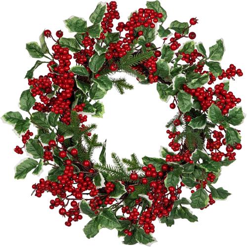 Christmas Wreath for Front Door, Real Touch Pine Artificial Wreath with Berry Clusters and Holly Leaves for Outdoor Christmas Decorations Winter Wreath, 18 Inches