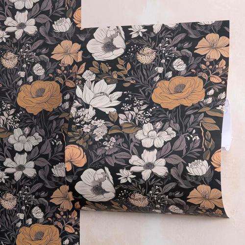 Vintage Floral Peel and Stick Wallpaper Dark Boho Botanical Removable Wallpaper for Renters Thick Waterproof Self Adhesive for Bedroom Bathroom Contact Paper for Home Decor (Black&Golden,15.7x118)