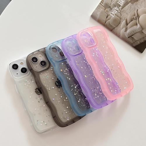 Qokey for iPhone 14 Pro Max Case 6.7, Curly Wave Design Transparent Bling Glitter Shiny Cute Clear Transparent Full Protection Soft TPU Shockproof Phone Cover(Purple)