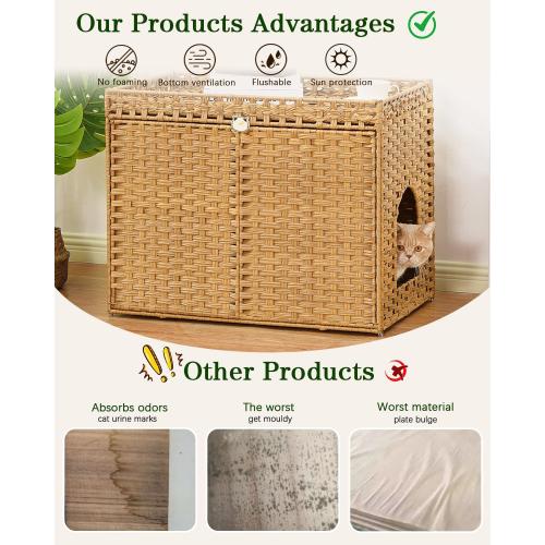 SETVSON Cat Litter Box Enclosure Furniture, Handwoven Rattan Hidden Litter Box with Mat, Large Space Cat House with 2 S-Shaped Hooks 30.3 x 18.3 x 24.4 Inches, Indoor for Living Room Apartment Natural