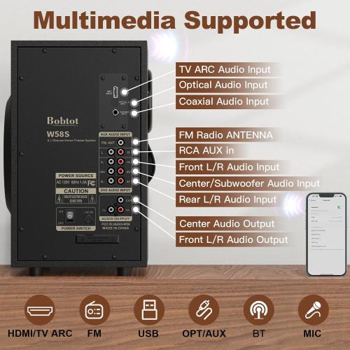 Bobtot Home Theater System Wireless Rear Satellite Speakers 800W 6.5 inch Subwoofer 5.1/2.1 Channel Surround Sound Systems with ARC Optical Bluetooth Input