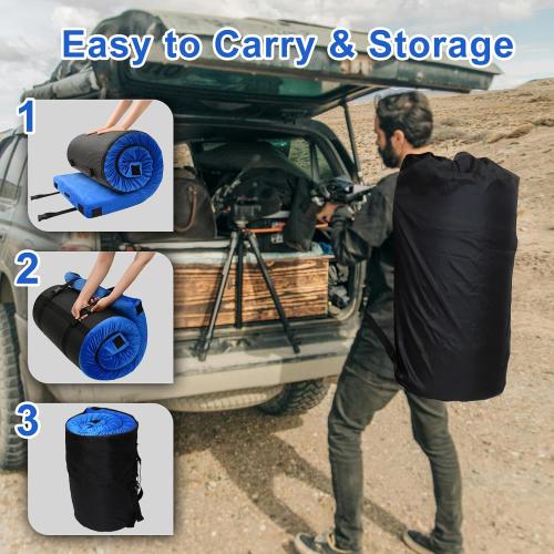 Color Blue Memory Foam Camping Mattress pad, Comfortable Thick Floor Sleeping Mat for Adults with Waterproof and Non-Slip Bottom, Portable Roll Up Mattress for Sleepover Guest,Cot Mad for Car Camping