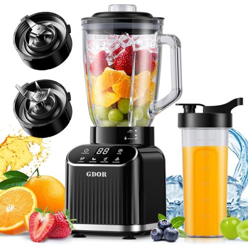 GDOR Professional Blender for Smoothies, 5 Functions, 1200 Peak Watts Smoothie Blender, 52 Oz Glass Jar & 24 Oz To-Go Cup Combo, Ice Crushing & Frozen Fruit, Self-Cleaning, Black