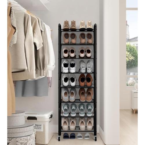 STO STO 8-Tier Narrow Shoe Rack with Lockable Wheels, Double-Sided Vinyl Mesh Shelf Shoe Organizer for Up to 30 Pairs, Slim Space Saving Metal Rolling Shoe Storage for Entryway, Closet, Hallway
