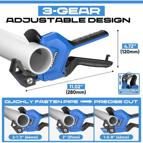 3-Gear Adjustable Heavy Duty PVC Pipe Cutter, Cuts Up to 2-1/2, Aluminum Alloy Ratcheting Tubing Cutter Tool for PEX, PVC, CPVC, PE, PP, Rubber Hose, Fit for Home Repairs and Plumbing work