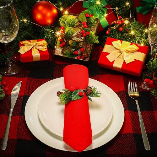 WILLBOND Christmas Napkin Rings Set of 12 Berry Napkin Ring Holders Pine Cones Pine Needles for Holiday Dinner Table Decorations