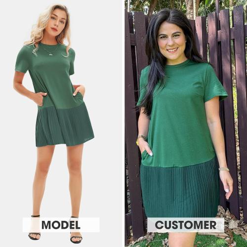 Size M ... Womens Summer Casual Short Sleeve Dress Crewneck Tshirt Dresses Pleated Aline Mini Dress 2025 Vacation Beach Sundress