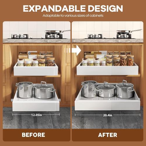 2Pack Expandable Pull Out Cabinet Organizer 21Deep With Raising Pad for Framed Cabinets, Upgrade 3 Slide Rails Slide Out Drawers, Roll Out Shelves Adhesive,Adjustable Width 12.05-20.4White