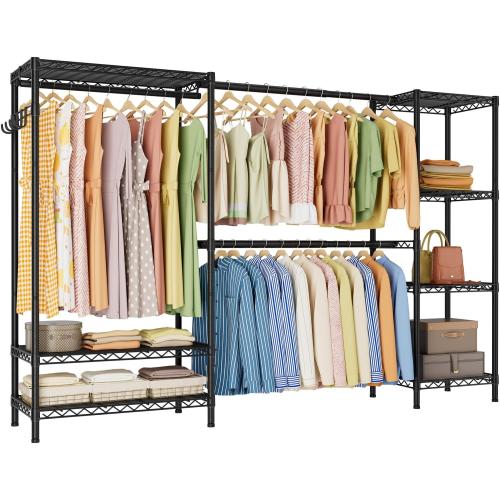 Golpart Heavy Duty Garment Rack Clothes Rack,Large Metal Closet Organizer System Storage Wardrobe,Freestanding Clothing Rack with 7 Adjustable Wire Shelves&3 Hang Rods,MaxLoad 1500lbs