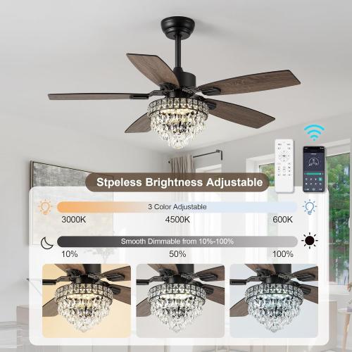 Chandelier Ceiling Fans with Lights and Remote,42in Chandelier Fan Ceiling,Crystal Ceiling Fan Fandelier with Lights,6 Speed 3 Timer Quiet Ceiling Fan for Bedroom (Black, 52 Inch)